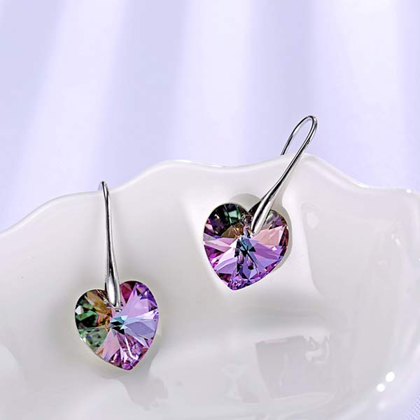 Purple Crystal Heart Fish hook Earrings for Women - charmloop