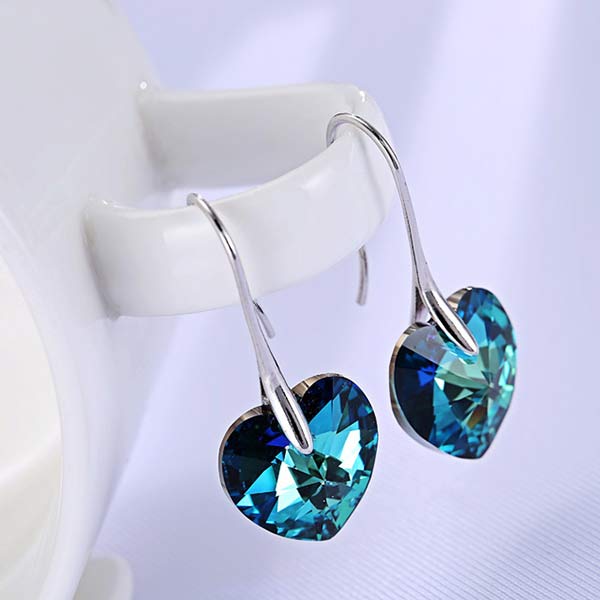 Deep Turquoise Crystal Heart Fish hook Earrings for Women - charmloop